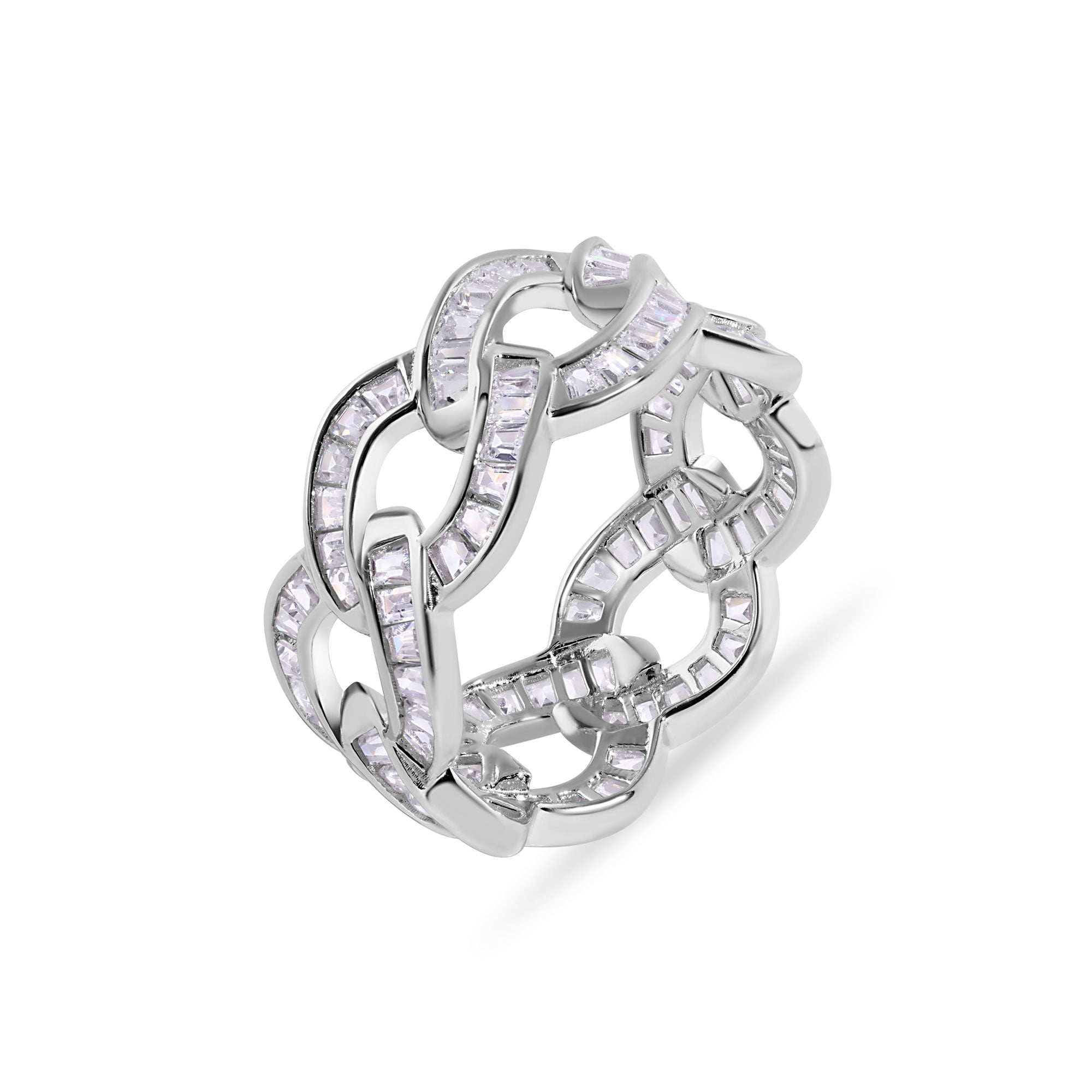 Rhodium Plated 925 Sterling Silver Curb Baguette Clear CZ 10.3mm Ring - GMR00399