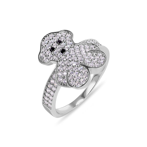 Rhodium Plated 925 Sterling Silver Teddy Bear Clear CZ Studded 15.5mm Ring - GMR00407
