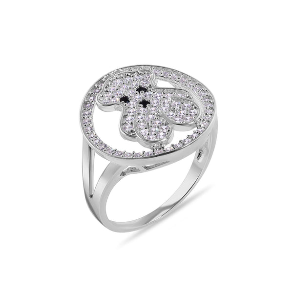 Rhodium Plated 925 Sterling Silver Teddy Bear Round Top Clear CZ Studded 16.9mm Ring - GMR00408