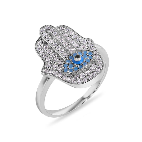 Rhodium Plated 925 Sterling Silver Hamsa Evil Eye Clear Turquoise CZ Studded 18.6mm Ring - GMR00409