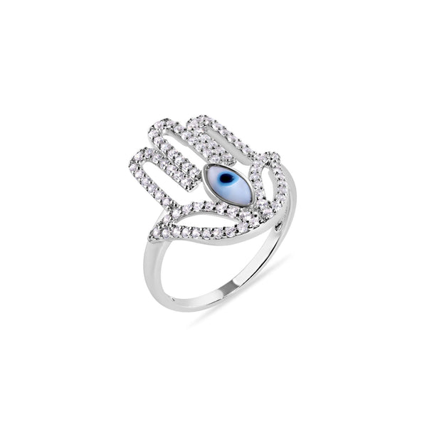 Rhodium Plated 925 Sterling Silver Hamsa Evil Eye Cutout Clear Turquoise CZ Studded 18.1mm Ring - GMR00410