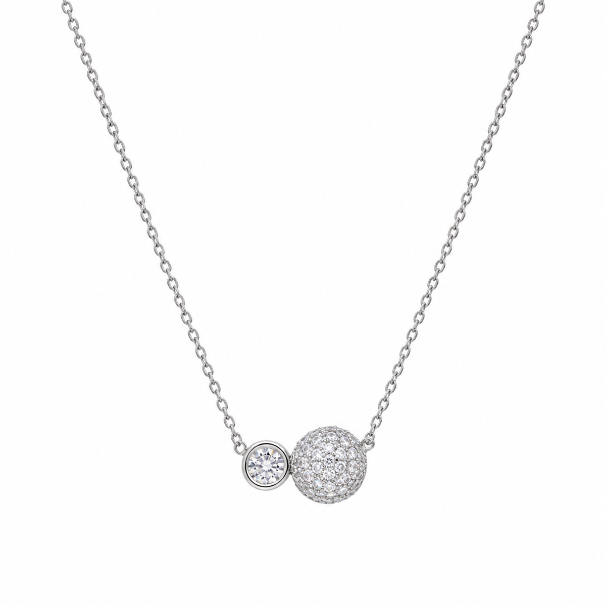 Rhodium Plated 925 Sterling Silver Bezel Half Dome CZ Earring and Necklace Set- GMS00024RH