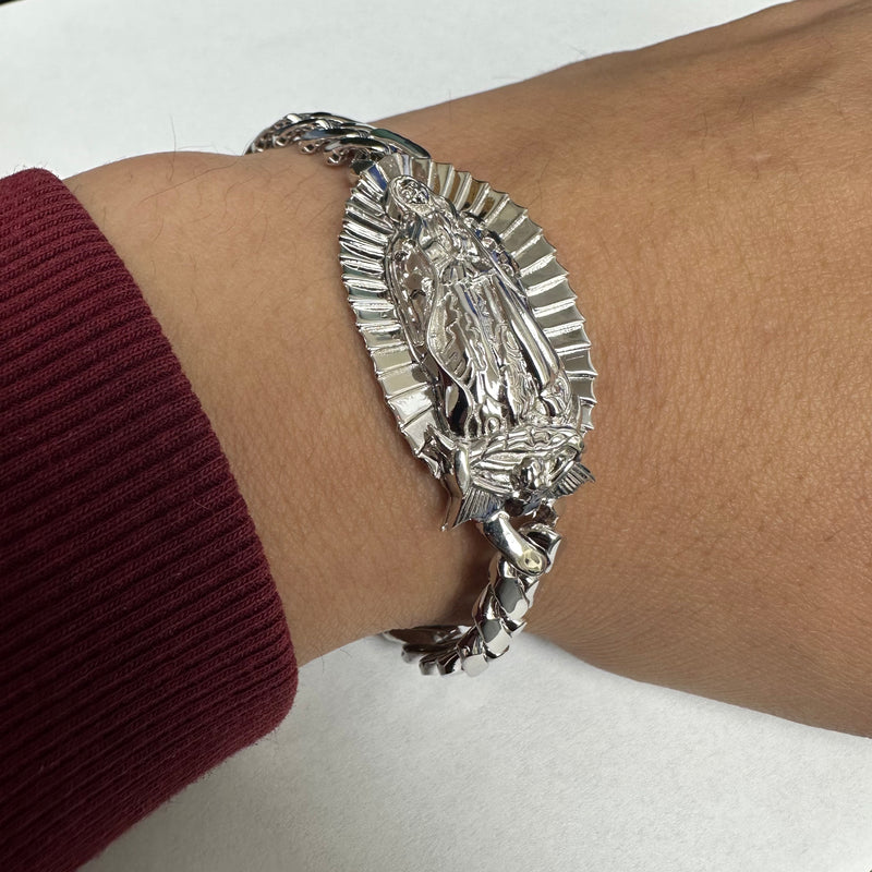 Rhodium Plated 925 Sterling Silver Our Lady of Guadalupe Cuban 9mm Bracelet - GMB00118