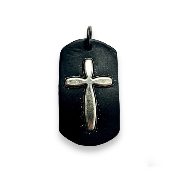 925 Sterling Silver Leather Framed Oxidized Cross Pendant - OXP00008