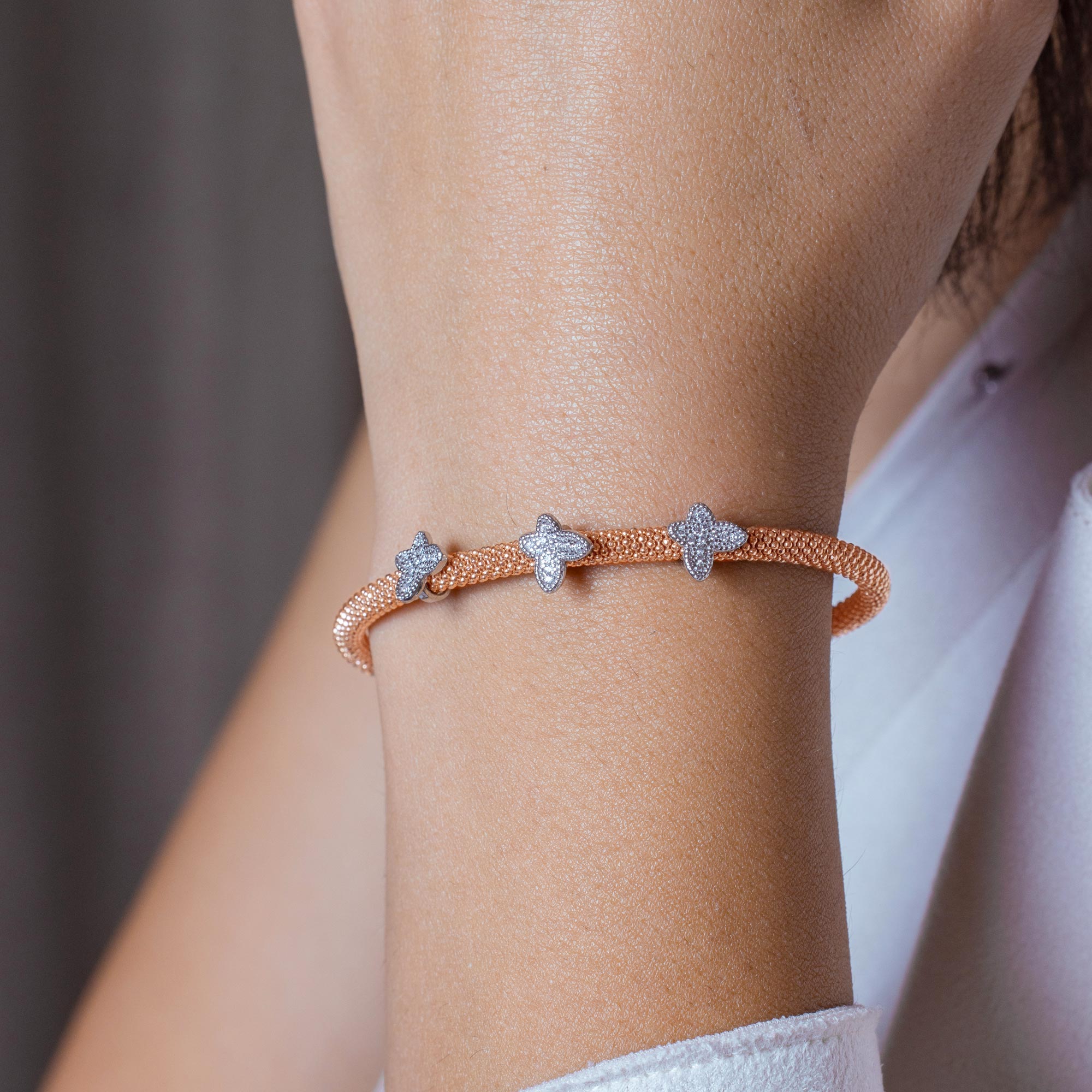 Pulsera italiana con cuentas de circonita transparente con micro pavé de mariposa chapada en oro rosa y rodio de plata 925 - ITB00176RGP