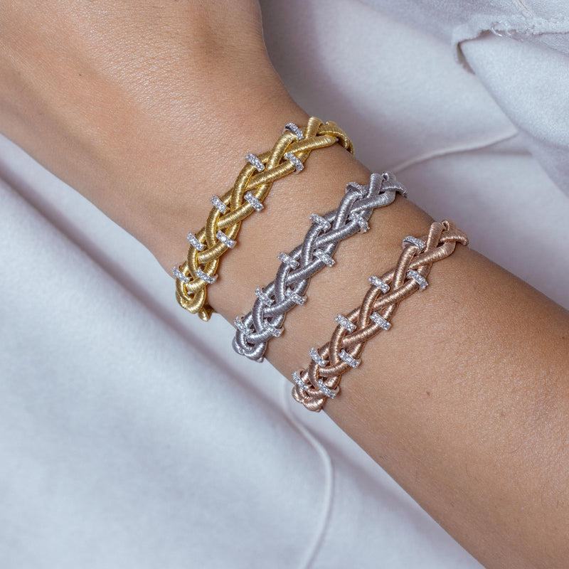 Silver 925 Gold Plated Braided Italian Bracelet with Small CZ Bar Accents - ITB00208GP-RH