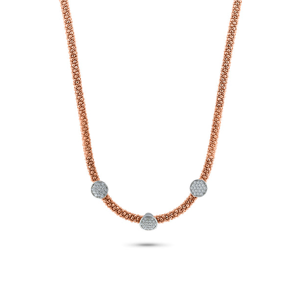 Rose Gold Plated 925 Sterling Silver Beaded 3 CZ Disc Necklace - ITN00085RGP