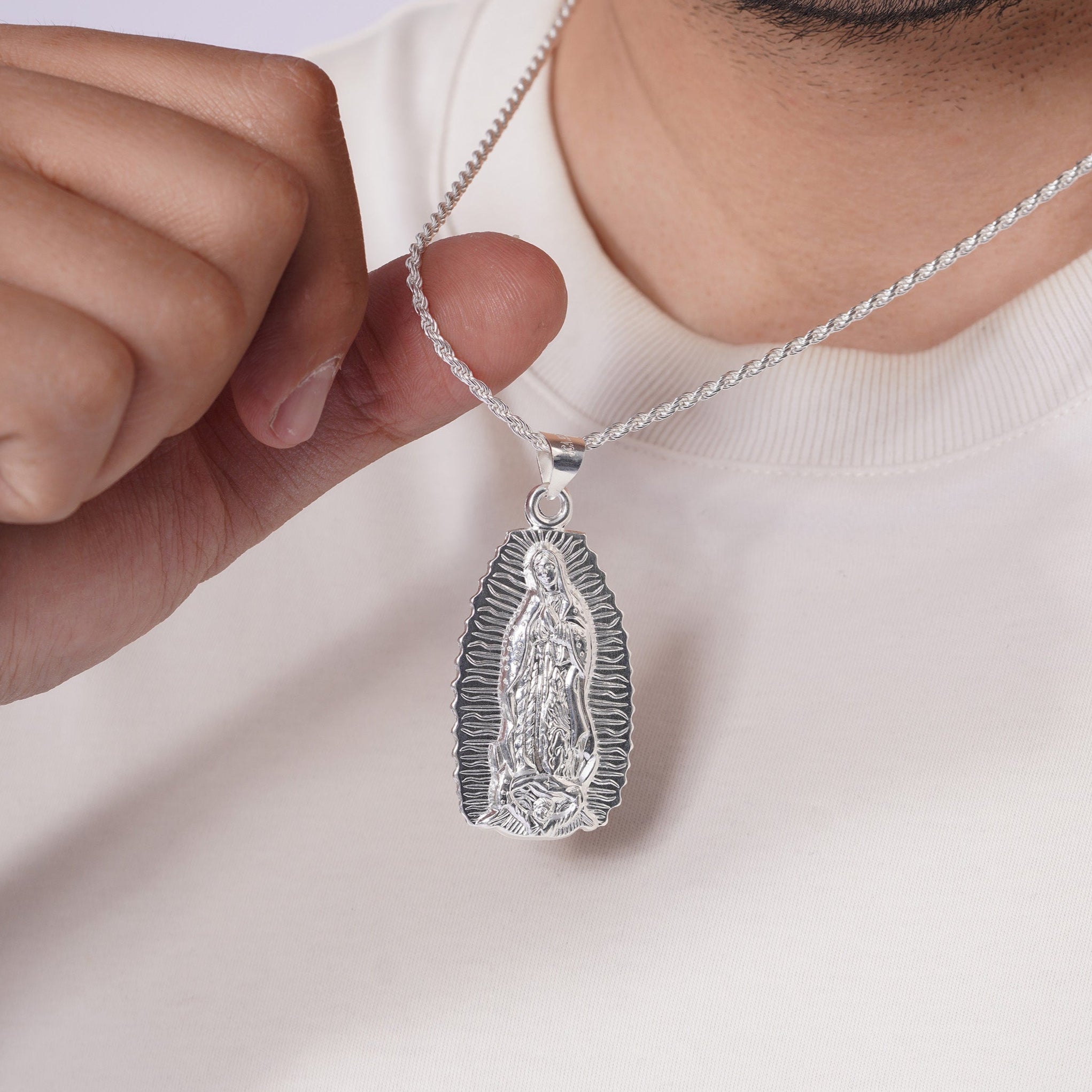 High Polished 925 Sterling Silver Large Our Lady of Guadalupe Pendant - JCA070-1