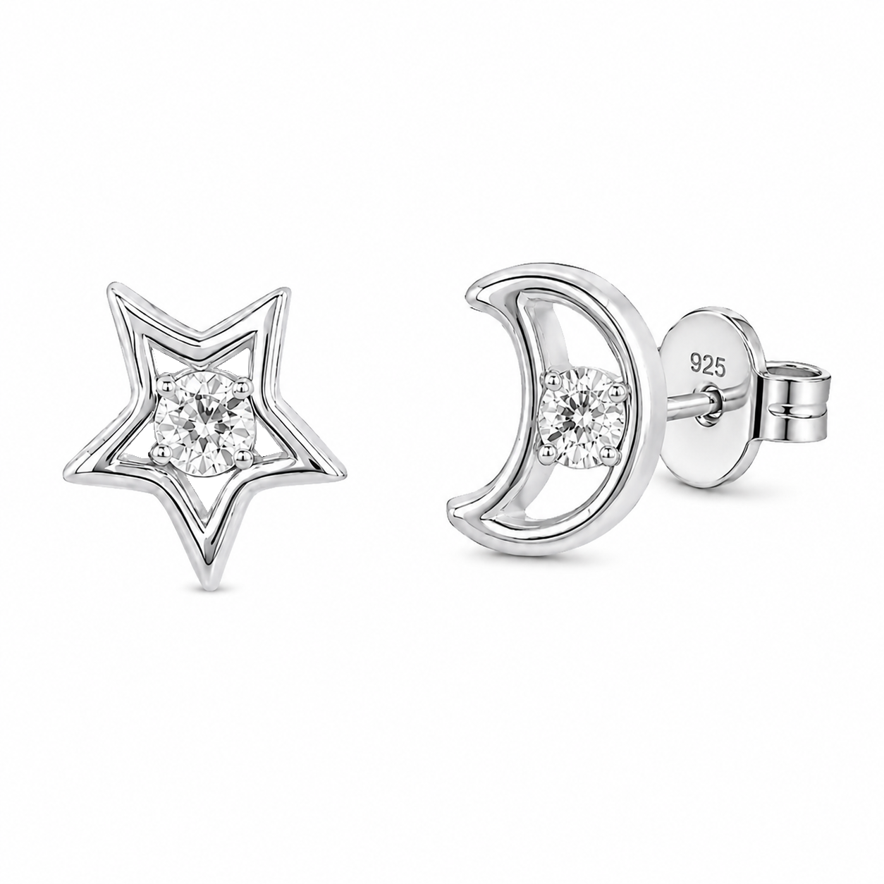 Rhodium Plated 925 Sterling Silver Lab Grown Diamonds Star and Moon Stud Earring - LGTGE00056