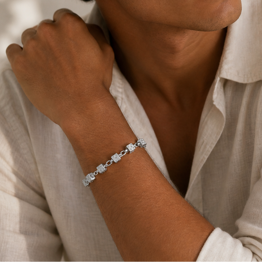 Rhodium Plated 925 Sterling Silver Moissanite Dice Charm Bracelet - MGMB00117 | MGMN00035