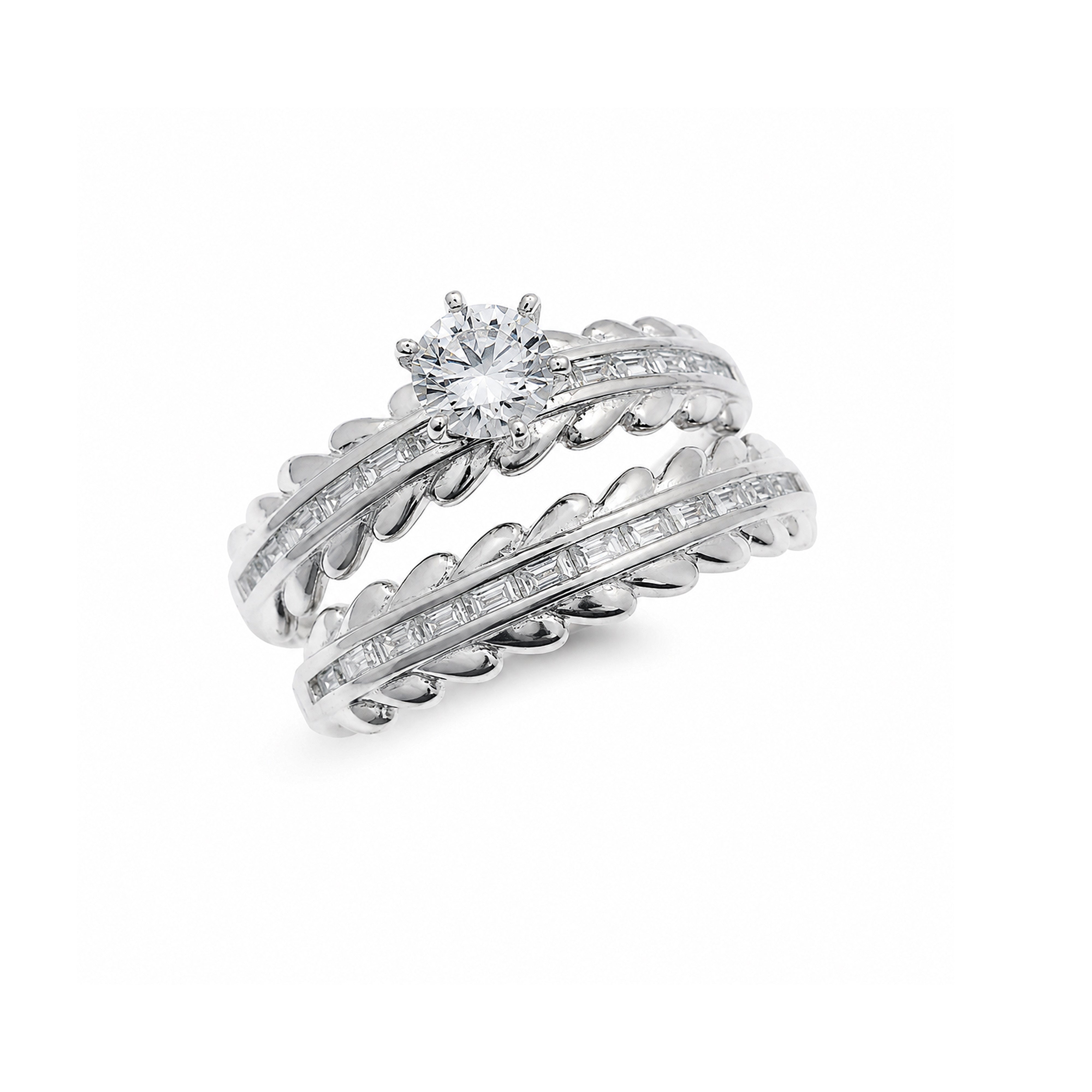 Rhodium Plated 925 Sterling Silver Moissanite Channel Set Baguettes and Leaf Detail Ring - MGMR00061