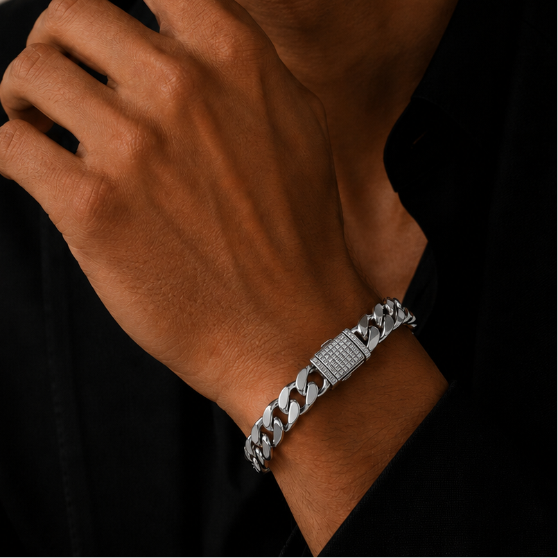Rhodium Plated 925 Sterling Silver Moissanite on Lock Classic Cuban Link 12mm Bracelet - MTGB00012