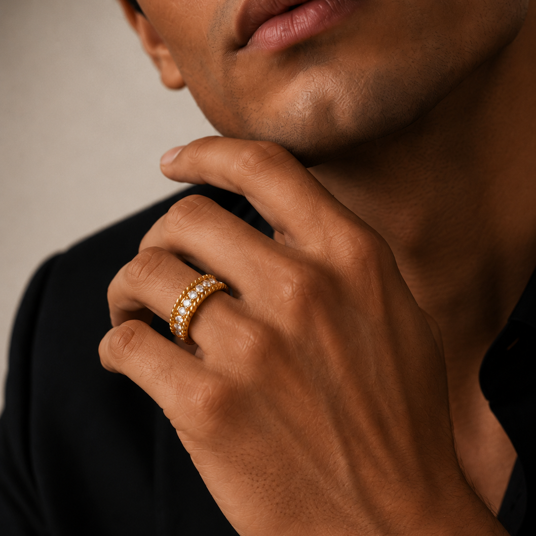 Two-Tone Plated 925 Sterling Silver Moissanite Men's Rope Edge Eternity Band Ring - MTGR00036RG