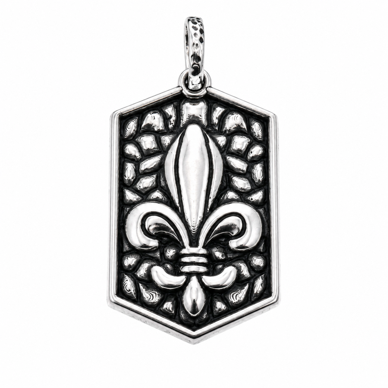 Oxidized 925 Sterling Silver Textured Fleur De Lis Dogtag Pendant - OXP00033