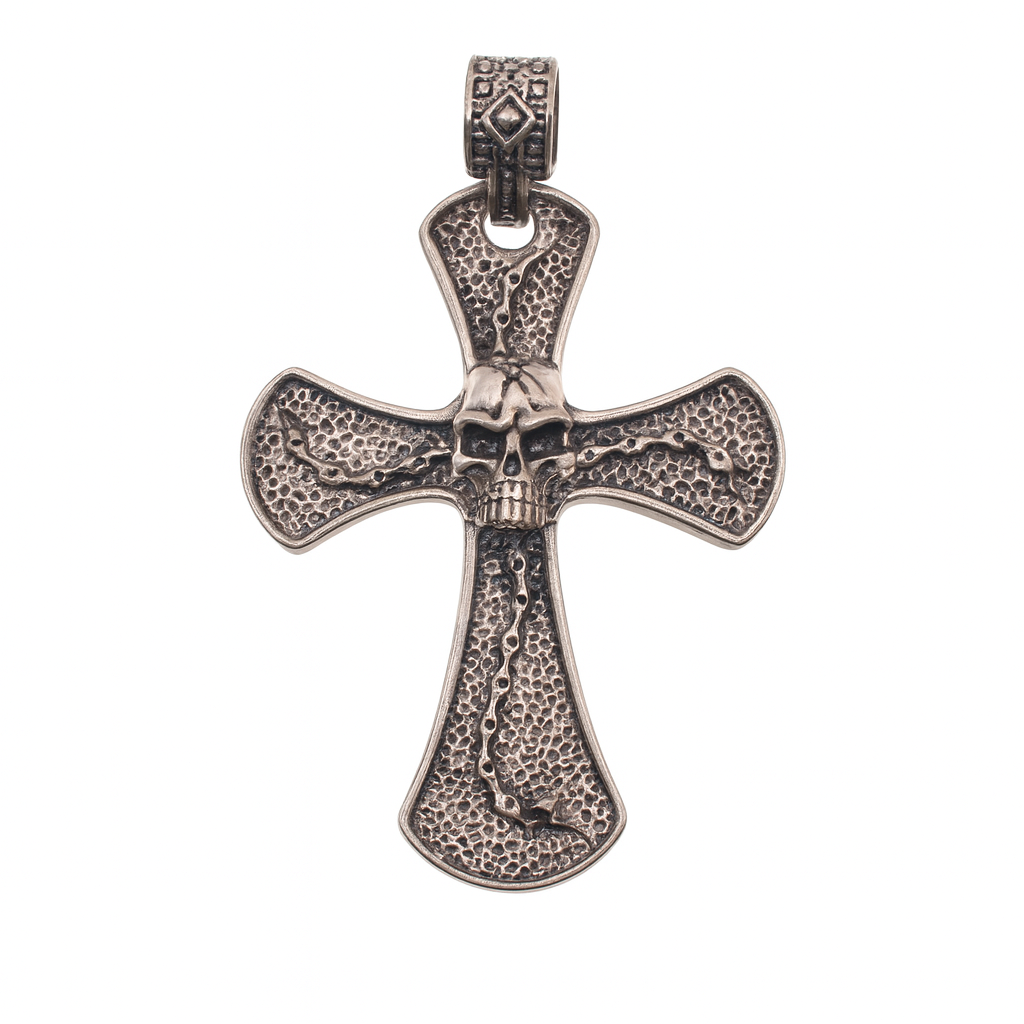 Oxidized 925 Sterling Silver Antiqued Skull Cross 50mm x 65mm Pendant - OXP00073