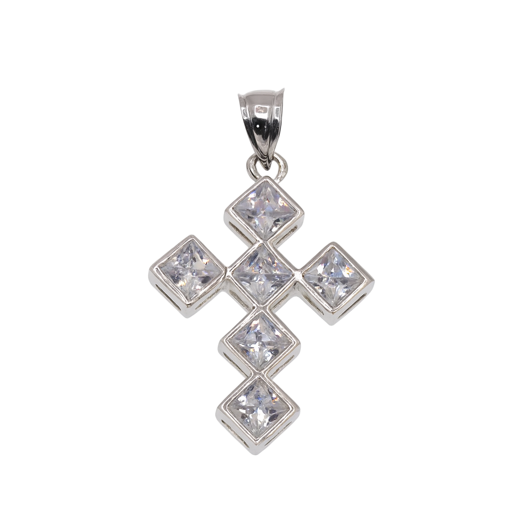 Rhodium Plated 925 Sterling Silver Cross with Princess-Cut CZ Stones Pendant