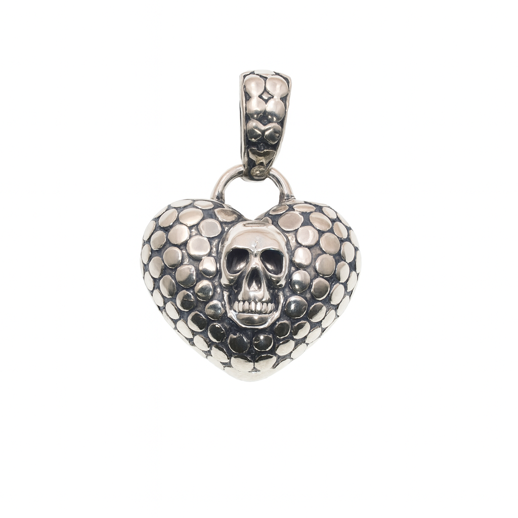 Oxidized 925 Sterling Silver Textured Heart with Skull Accent 27mm x 26mm Pendant - OXP00077