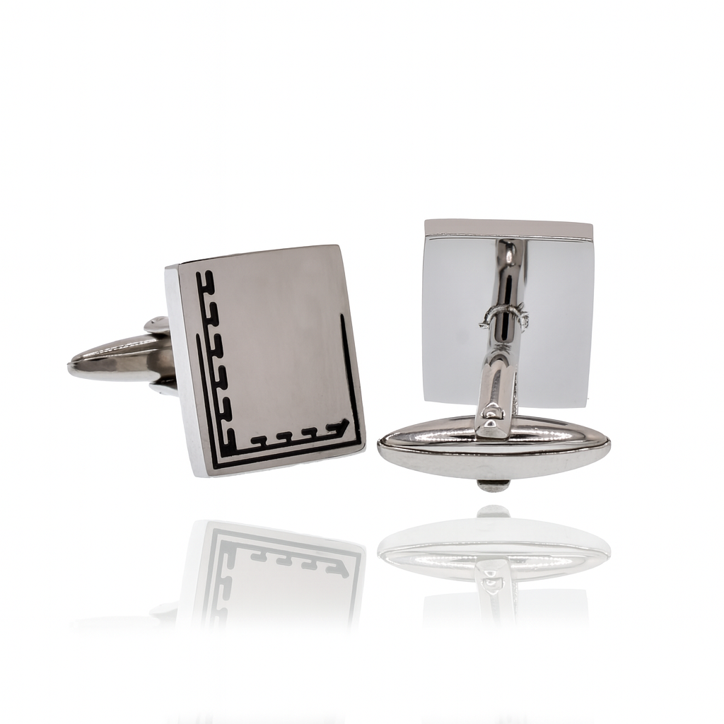 Rhodium Plated Stainless Steel Square Black Enamel Pattern 15mm x 18mm Bullet Back Cufflink - SCU00008