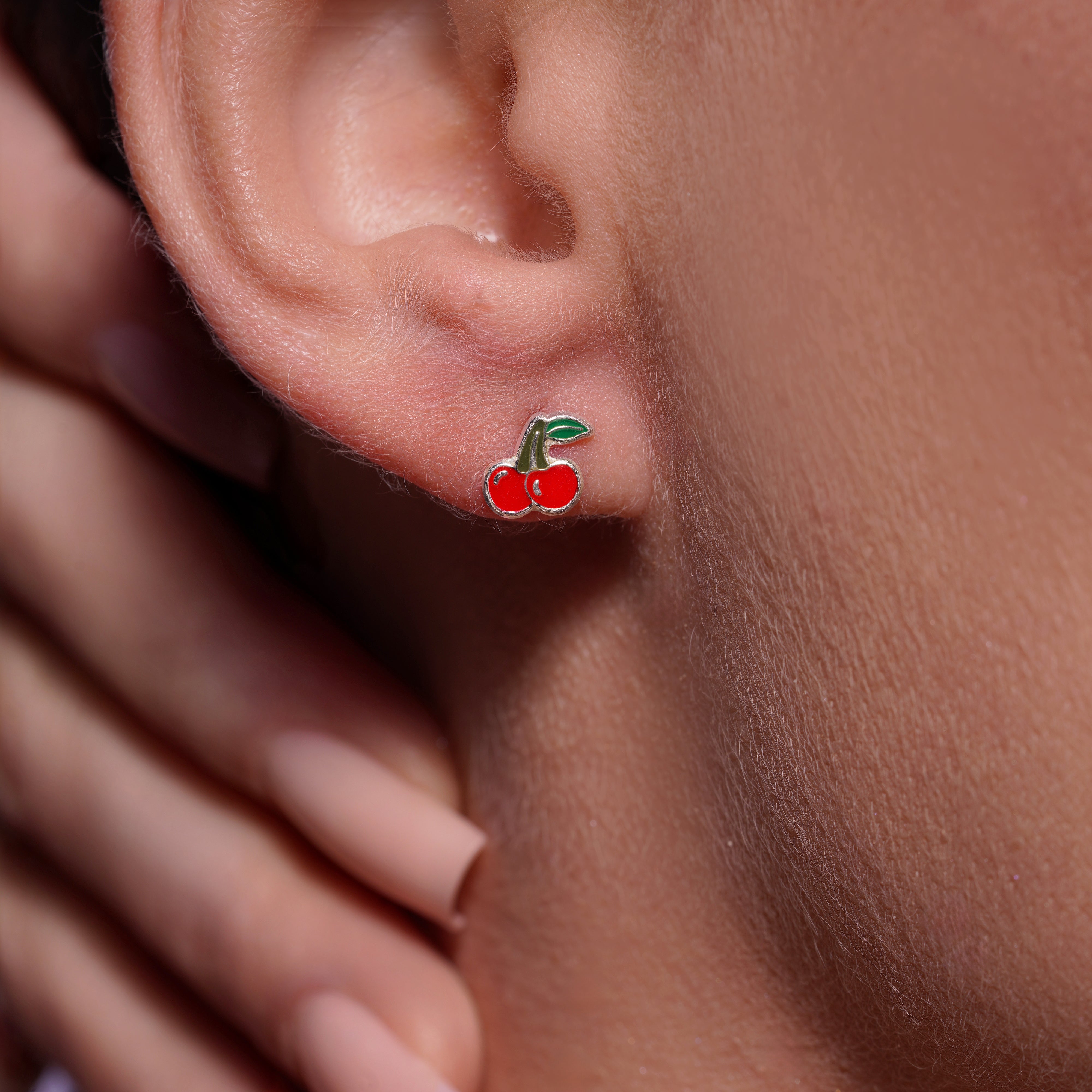 High Polished 925 Silver Enamel Cherry Earrings - SIL00014