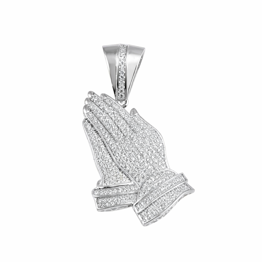 Rhodium Plated 925 Sterling Silver Praying Hand CZ Hip Hop Pendant - SLP00152RH