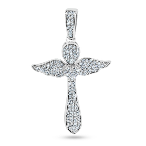 Rhodium Plated 925 Sterling Silver CZ Encrusted Winged Cross Pendant - SLP00192