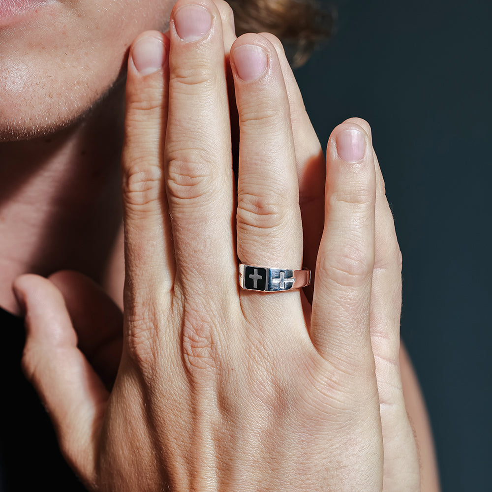 Rhodium Plated 925 Sterling Silver Black Enamel Cross Ring - SOR00006