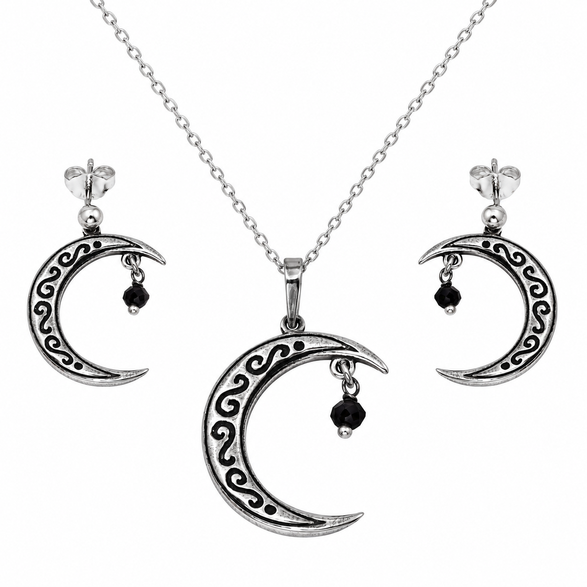Conjunto de media luna con circonita negra colgante en plata de ley 925 oxidada - SOS00001