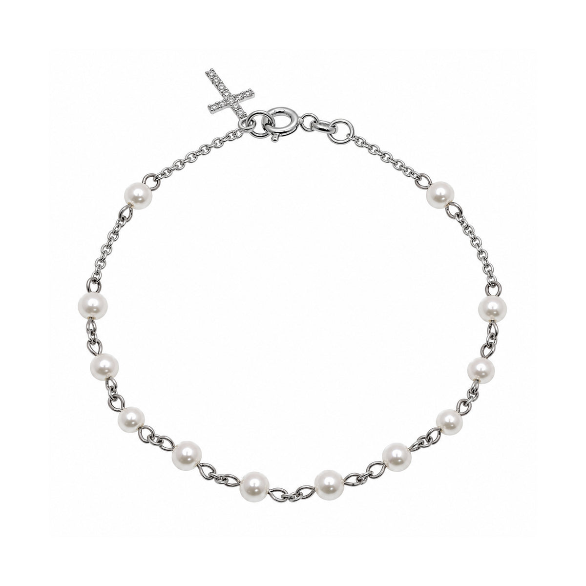 Final Price-Rhodium Plated 925 Sterling Silver Mini CZ Cross Pearl Beaded Bracelet- SPB00051