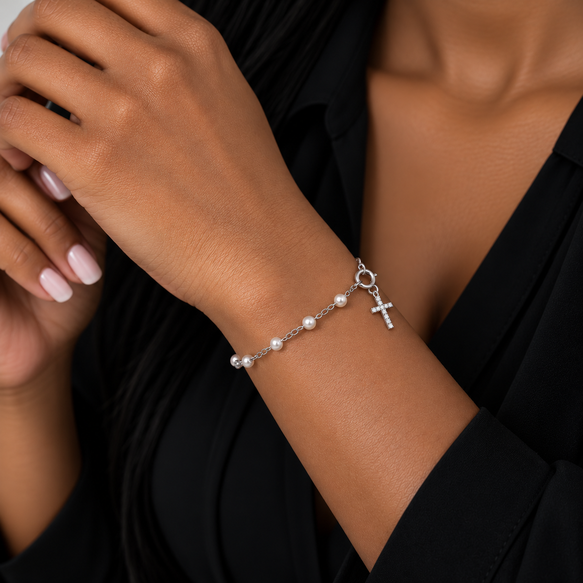 Final Price-Rhodium Plated 925 Sterling Silver Mini CZ Cross Pearl Beaded Bracelet- SPB00051