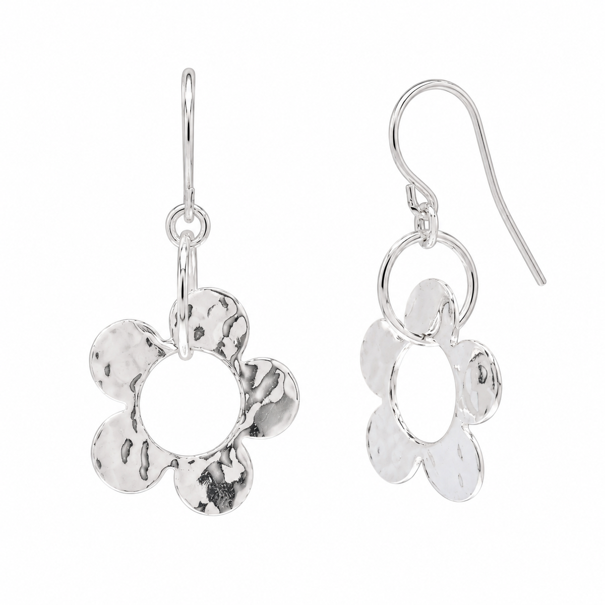 925 Sterling Silver Hammered Dangling Flower Earrings - SPE00008