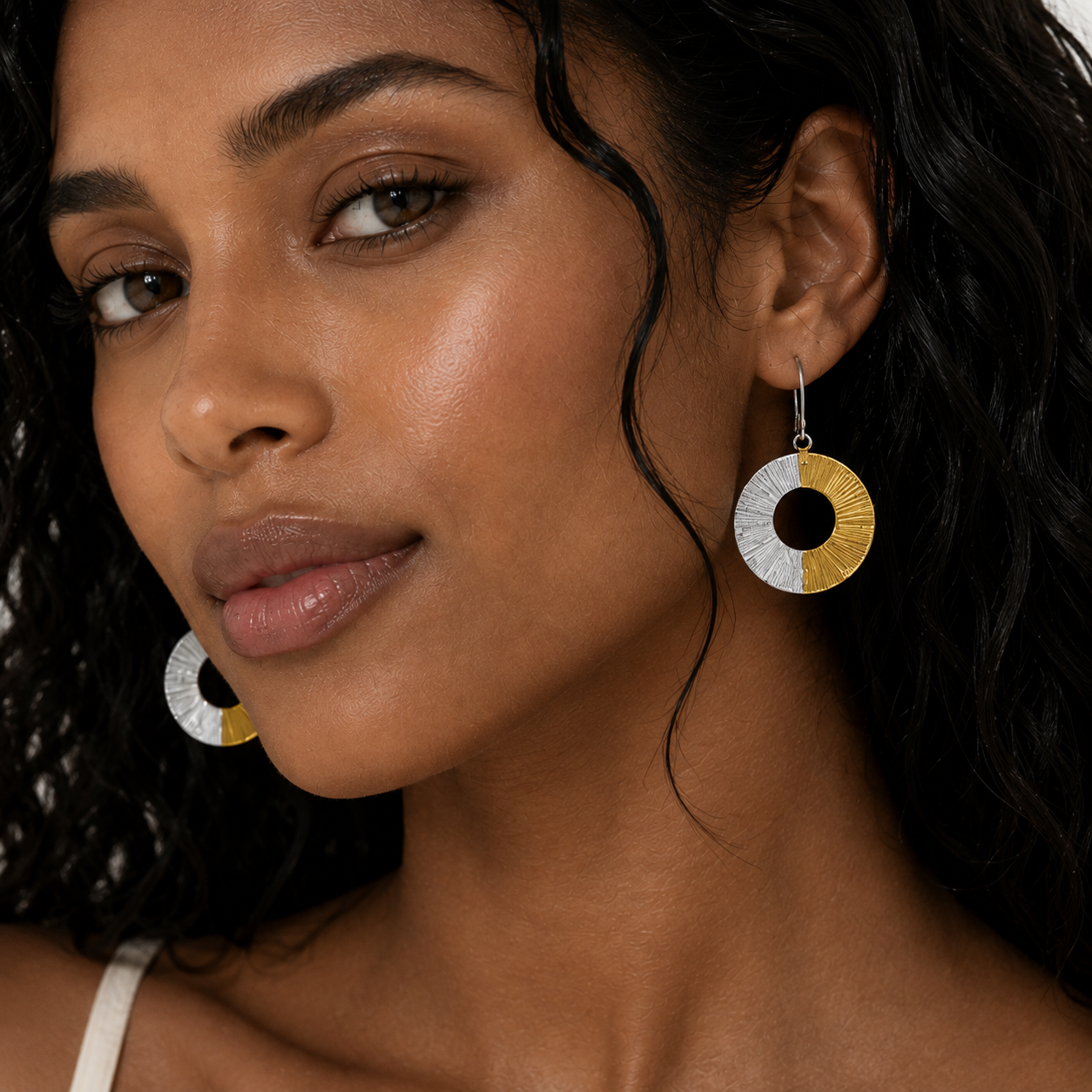 Silver 925 Two Tone Matte Finish Stripped Open Disc Earrings - SPE00026 | Silver Palace Inc.