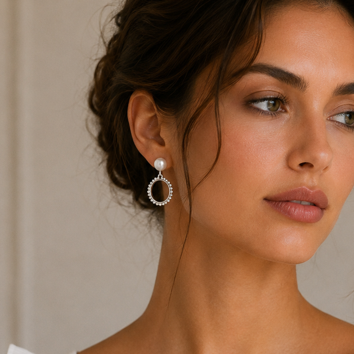 Rhodium Plated 925 Sterling Silver Simulated Pearl & Beaded Open Circle Earrings- SPE00038