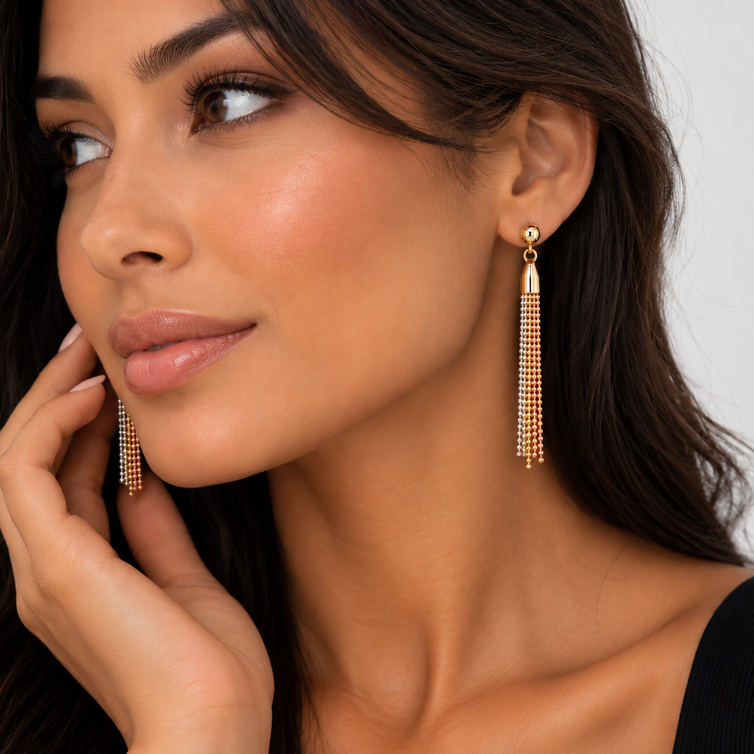 Final Price- Tri-Tone 925 Sterling Silver Beaded Tassel Earrings- SPE00040