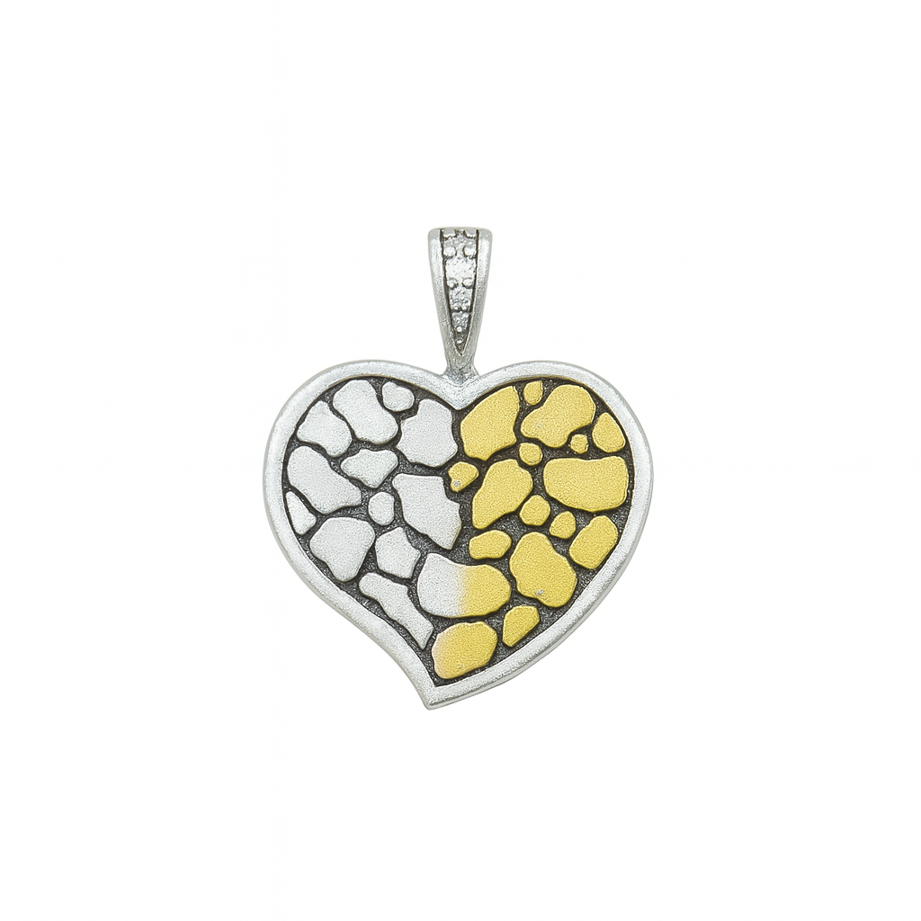 Clearance-Sterling Silver Matte Finish 2 Tone Rock Design Heart Pendant -SPP00031