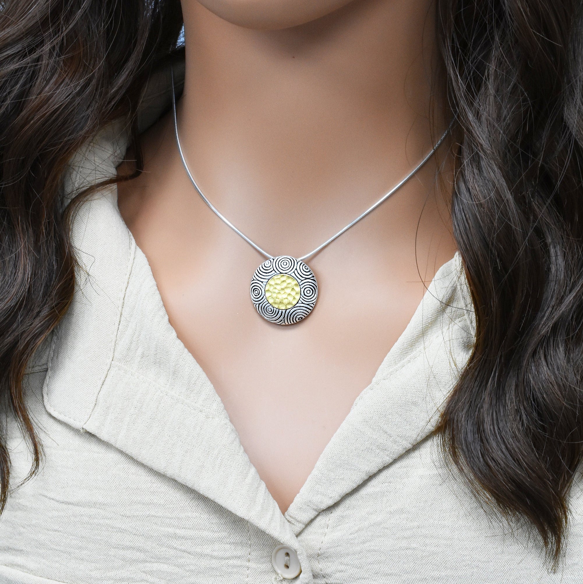 Clearance-Sterling Silver Matte Finish 2 Toned Spiral Disc Pendant - SPP00039