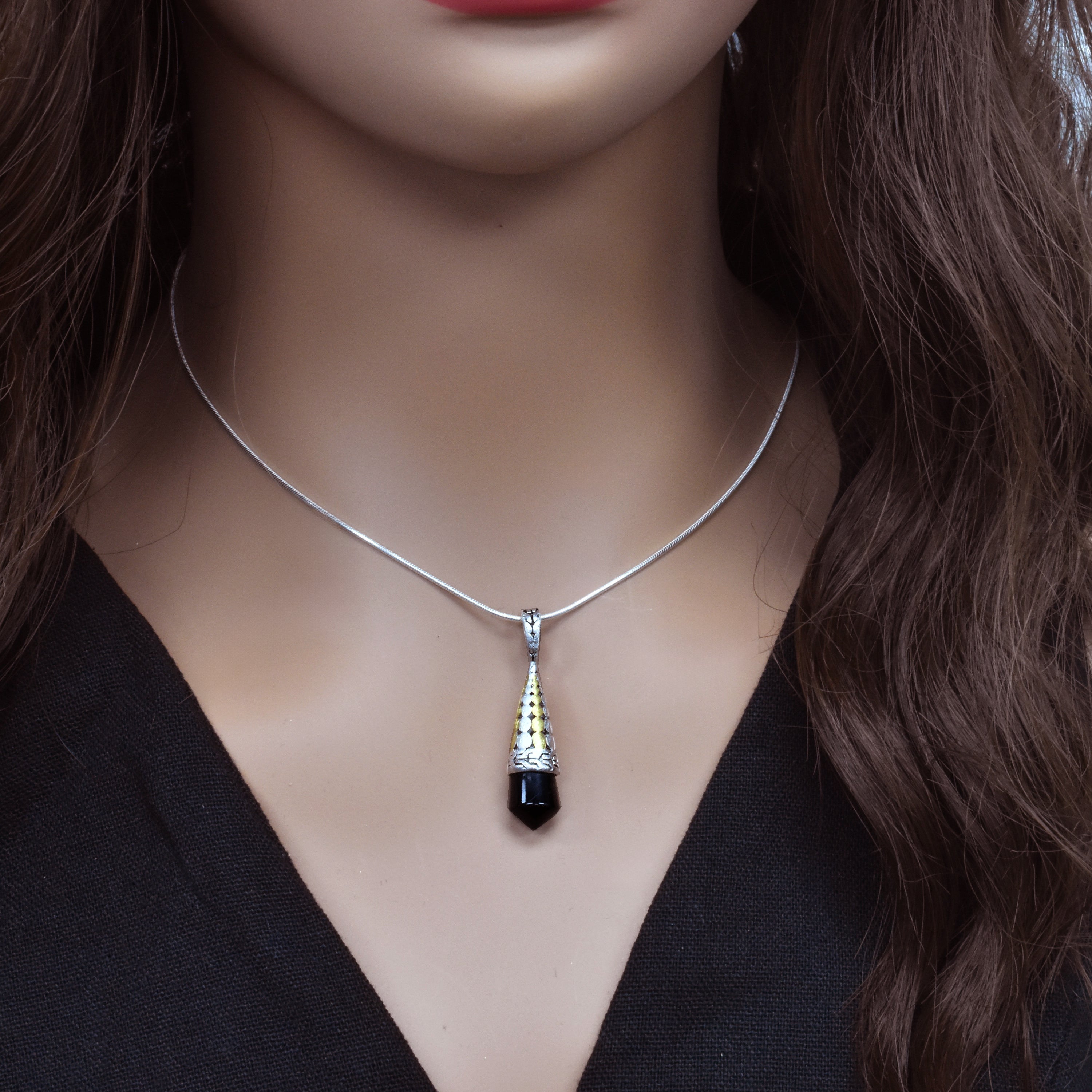 Clearance-Sterling Silver Two Tone Onyx Pendulum Pendant - SPP00049