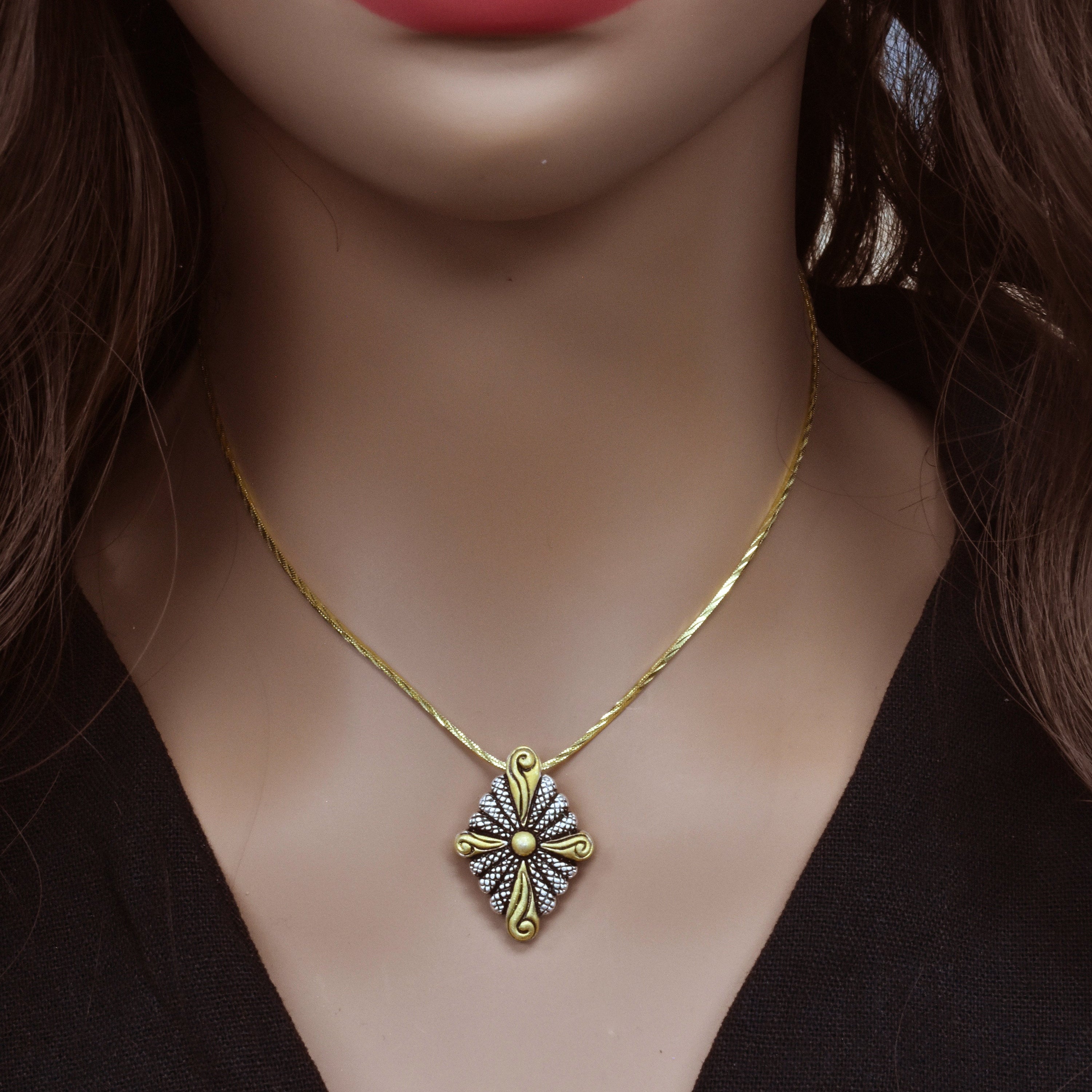 Clearance- Sterling Silver Two-Tone 925 Diamond-Shaped Pendant with Cross Design - SPP00059