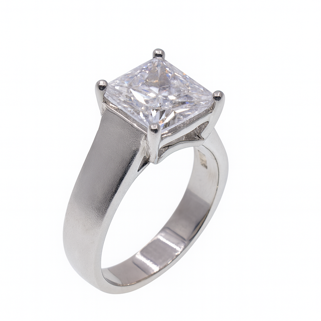 Rhodium Plated 925 Sterling Silver Square Solitaire Matte Ring - SPR00013