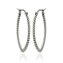Rhodium Plated Stainless Steel Flat Oval Rope Hoop Earrings - SSE0003-30