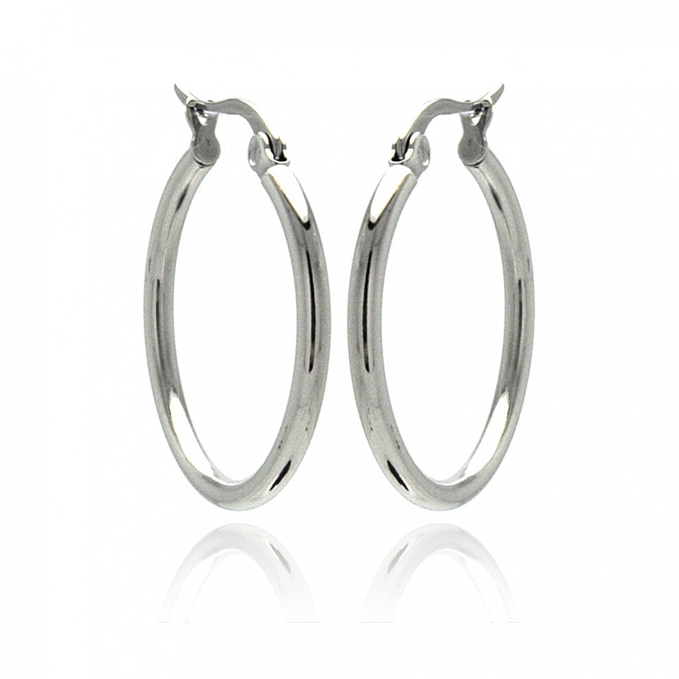 Rhodium Plated Stainless Steel Plain Hoop Earrings - SSE00042