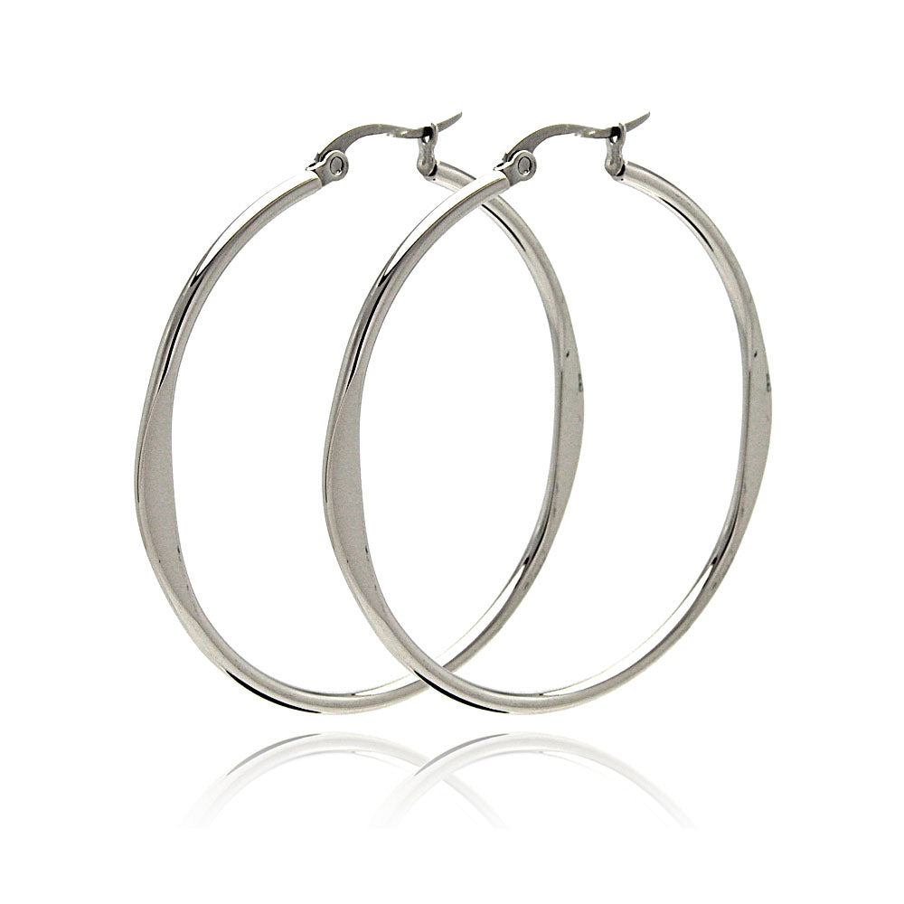 Rhodium Plated Stainless Steel Plain Flat Hoop Earrings - SSE00044
