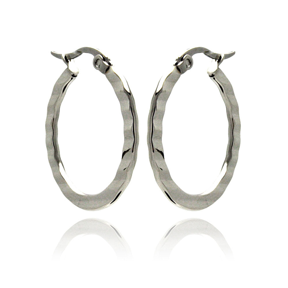Rhodium Plated Stainless Steel Plain Flat Crinkle Hoop Earrings - SSE00045
