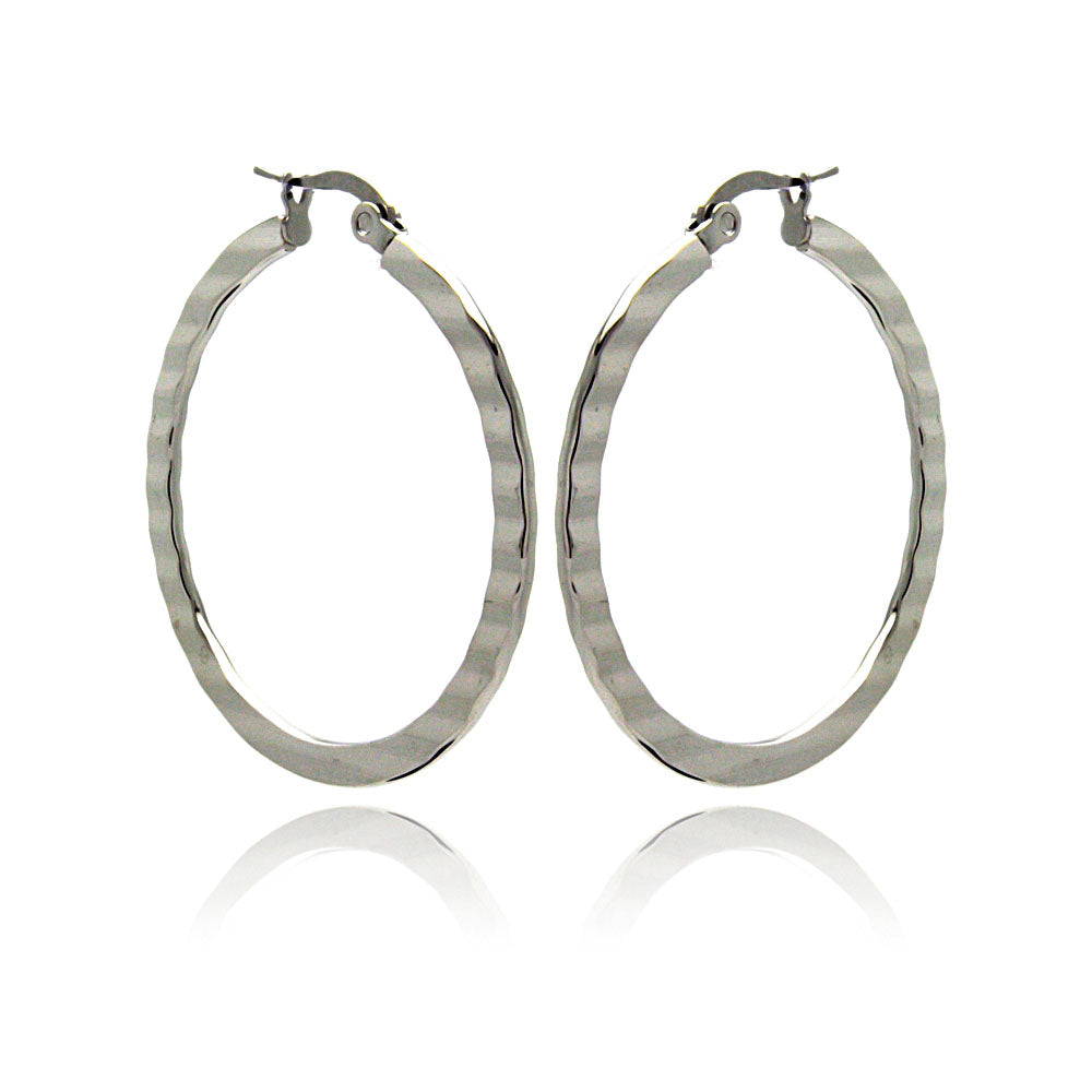 Rhodium Plated Stainless Steel Plain Flat Crinkle Hoop Earrings - SSE00045