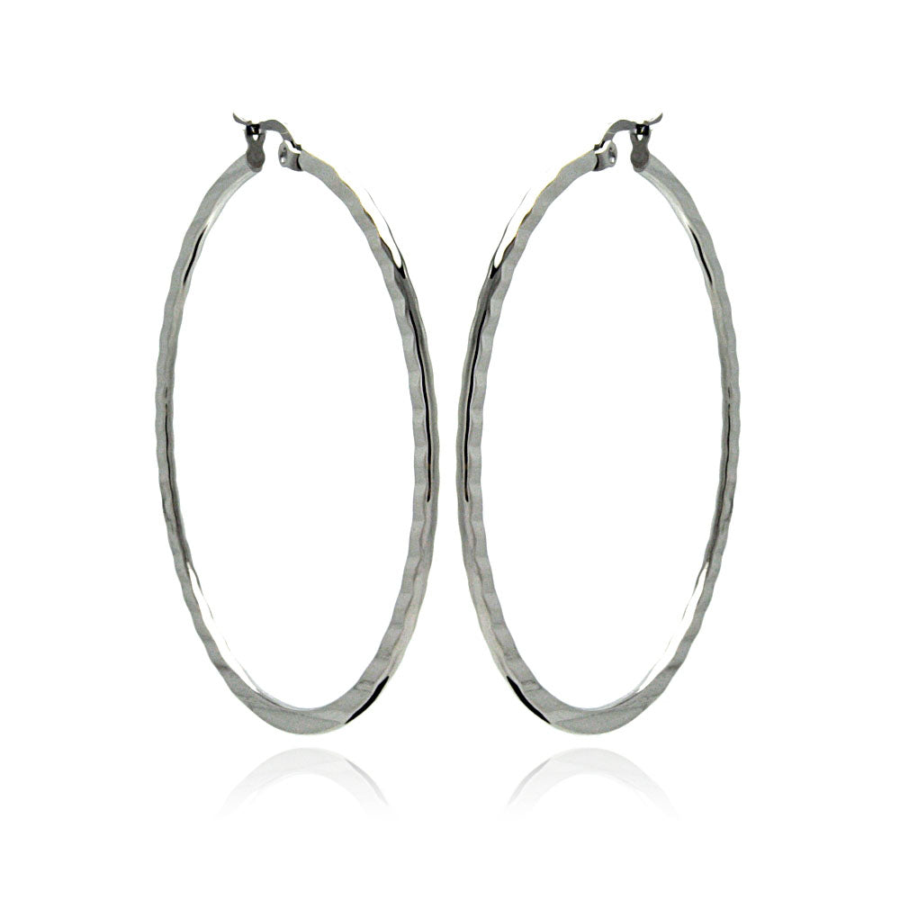 Rhodium Plated Stainless Steel Plain Flat Crinkle Hoop Earrings - SSE00045