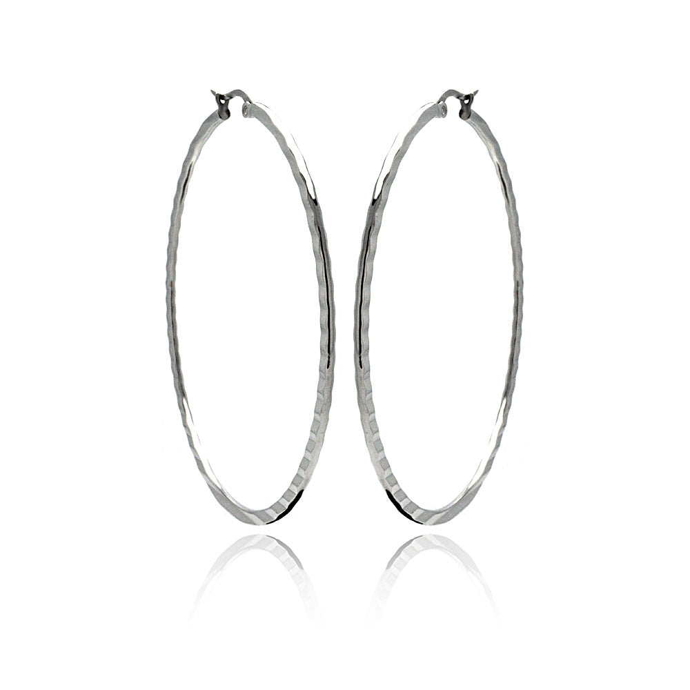 Rhodium Plated Stainless Steel Plain Flat Crinkle Hoop Earrings - SSE00045