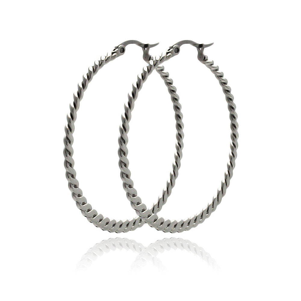 Rhodium Plated Stainless Steel Flat Braid Hoop Earrings - SSE00052