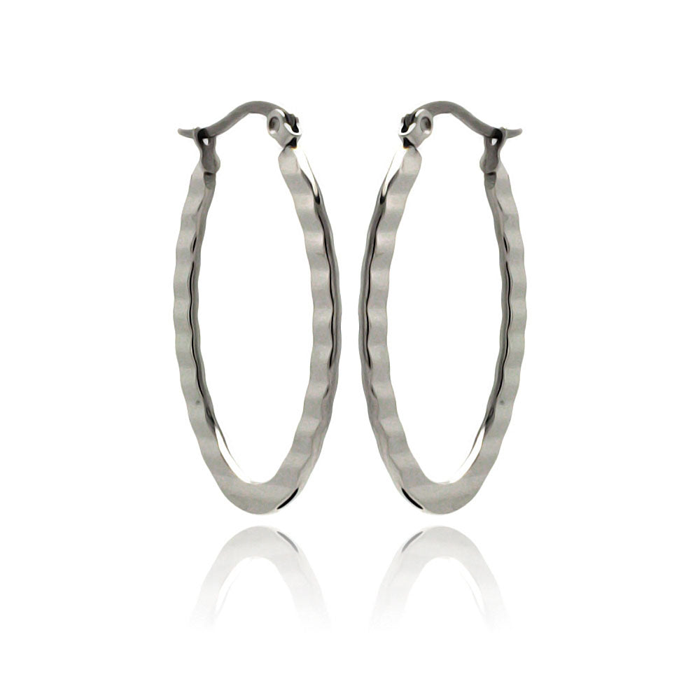 Rhodium Plated Stainless Steel Oval Crinkle Hoop Earrings - SSE00053