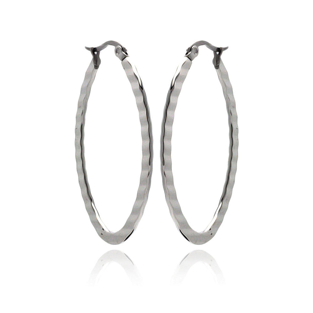 Rhodium Plated Stainless Steel Oval Crinkle Hoop Earrings - SSE00053