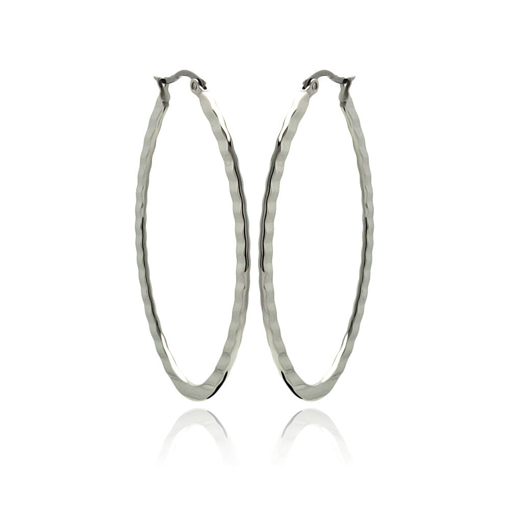 Rhodium Plated Stainless Steel Oval Crinkle Hoop Earrings - SSE00053