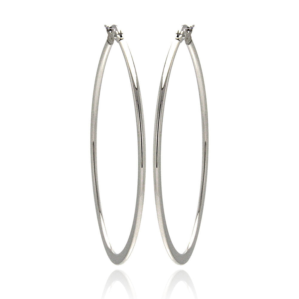 Rhodium Plated Stainless Steel Flat Oval Hoop Earrings - SSE00056